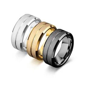 Minimalist Men Band Ring Frosted Brushed Titanium Stainless Steel With Central Groove Polished Edges Unisex Jewelry