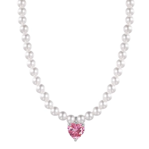 Elegant S925 sterling silver pearl necklace featuring a pink heart-shaped crystal pendant