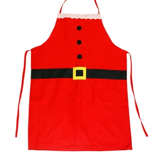 Christmas Santa Claus themed red apron with black belt and white lace decor on white background