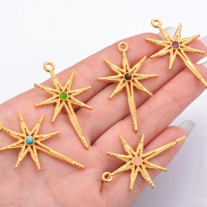 Golden octagonal star charms with colorful gemstones for DIY jewelry making