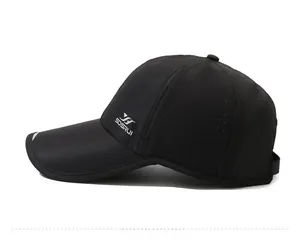 Side view of black quick-dry baseball cap with white SDSRUI logo and breathable texture