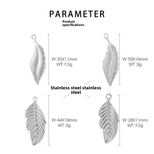 Detailed technical view of leaf-shaped stainless steel charms with dimension labels