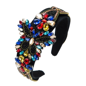 Cerchietto barocco di lusso con cristalli colorati e strass su base in tessuto nero largo