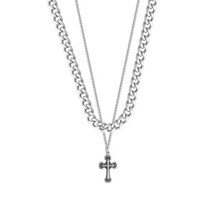Silver titanium steel layered Cuban chain necklace with a cross pendant for men