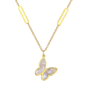 Gold titanium steel butterfly necklace with white mother of pearl inlay on white background