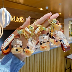 Bubble tea bear keychain with liquid sand bottle, brown bear milk tea charms for bags