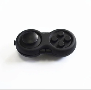 Detailed close-up of a black fidget controller toy with joystick and silicone buttons