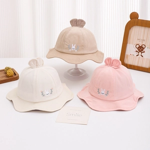 Cute baby girl sun hats with rabbit ears and floral embroidery in khaki, white, and pink