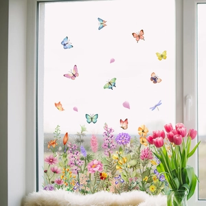 Colorful floral and butterfly electrostatic window stickers on glass for home decoration