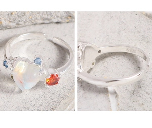 Macro shot of S925 hallmark engraving on sterling silver ring with heart moonstone