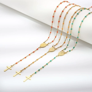 Golden titanium steel cross necklaces with religious medal and colorful enamel beads