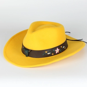 Yellow vintage felt fedora hat with floral embroidered leather belt and bull head accent
