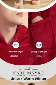 Detail of hooded design and windproof ribbed cuffs on thick red flannel wearable blanket