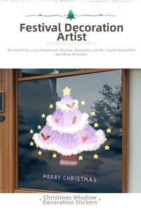 Vue détaillée des autocollants de fenêtre sapin de Noël rose avec texte Merry Christmas