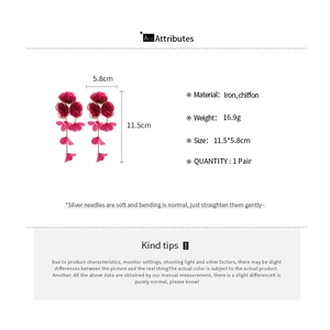 Detailed size and material chart for rose red chiffon flower tassel drop earrings