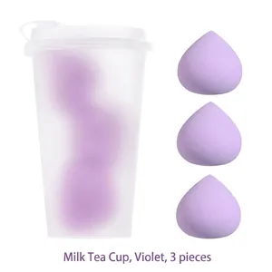 Set de 3 éponges de maquillage violettes dans un gobelet de thé au lait transparent