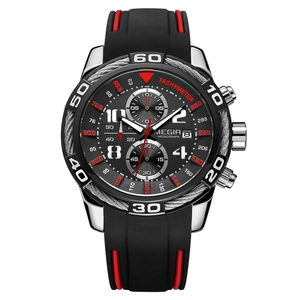 Megir men's chronograph sports watch with black silicone strap and silver steel case