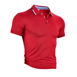 Detailed close-up of red polo shirt collar with navy and white striped piping