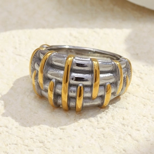 Woven Texture Ring Stainless Steel 18K Gold Plated Dual Color Cross Line Geometric Wide Band Vintage Jewelry For Women