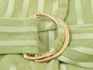 Detail of green dress with gold pinstripes and matching belt with D-ring buckle