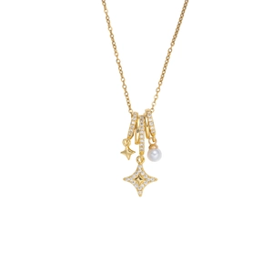 Gold titanium steel necklace featuring a crystal star pendant and elegant white pearl