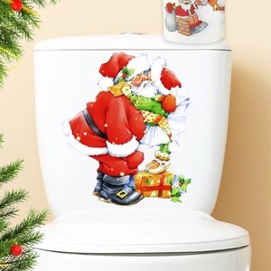 Festive Santa Claus and elf toilet tank sticker for Christmas home bathroom decoration