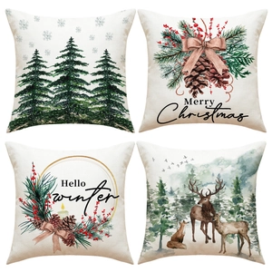 Set of four Christmas linen pillow covers featuring watercolor pine cones and winter animals