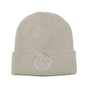 Beanie mit Smiley-Stickerei und dickem Rippstrick für winterliche Wärme in Beige