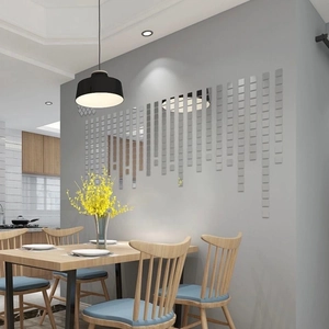Modern dining room featuring square mirror wall decals in a silver waterfall layout