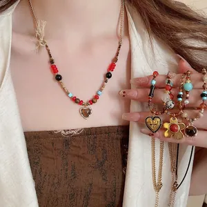 Bohemian Beaded Necklace Alloy Tiger Eye Stone Heart Flower Cross Pendant Vintage French Court Style Jewelry For Women