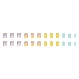 24-piece colorful round press-on nails with blue hearts and striped patterns