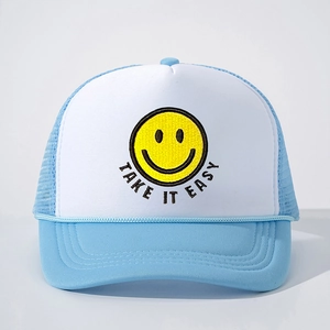 Blue and white trucker hat with Take It Easy smile embroidery and breathable mesh back