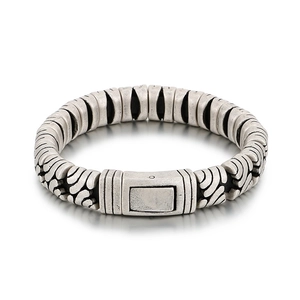 Retro distressed silver titanium steel bracelet with wave pattern and magnetic clasp