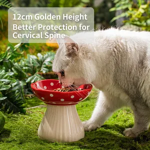 Ergonomic mushroom ceramic cat bowl with 12cm elevated stand for neck protection