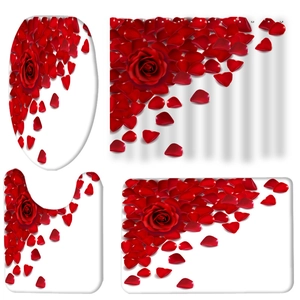 Red rose print bathroom set with shower curtain, toilet cover, and two non-slip mats
