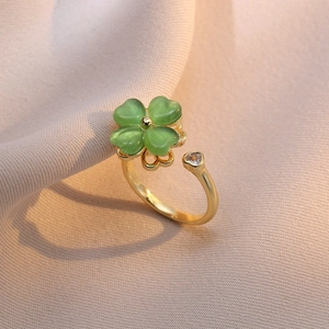 Sweet Gold Plated Alloy Four Leaf Clover Heart Zircon Open Adjustable Ring For Women Fashion Jewelry Lucky Finger Decor Gift