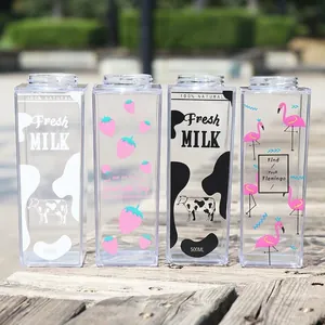Clear Milk Box Water Bottle Square Plastic Leakproof Portable Container With Cute Cartoon Print For Travel And Picnic