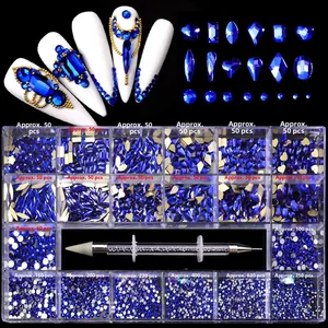 Detail of 21-slot nail art rhinestone kit with dark blue crystals and dual-ended dotting pen