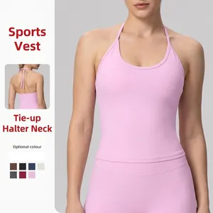 Débardeur de Sport Yoga Dos Nu Halter Avec Coussinets de Poitrine Couleur Unie Séchage Rapide pour Femmes