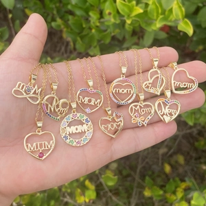 Mom Heart Pendant Necklace Copper Colorful Cubic Zirconia Inlaid Mothers Day Jewelry Gift Women Retro Style Gold Plated