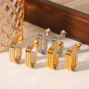 Stainless Steel Earrings Triple Layer Linear U-Shape Geometric 18K Gold Plated Minimalist High-End Jewelry For Women
