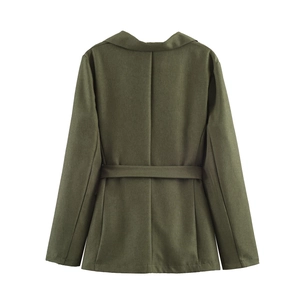 Veste de tailleur chic vert olive style britannique pour femme avec ceinture vue de dos