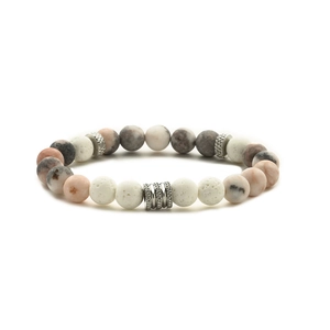 Handmade beaded bracelet with pink zebra stone, white lava rock, and gray marble beads