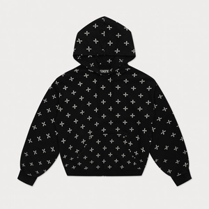 Sweat à capuche noir en coton avec imprimé intégral de fleurs de croix et coupe ample