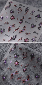 Detailed relief nail art stickers featuring dark gothic spider, butterfly and heart designs