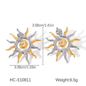 Detailed size view of two-tone sun-shaped stainless steel earrings with spiral center