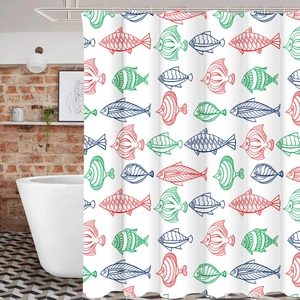 Close-up of waterproof polyester shower curtain featuring vibrant red and blue fish patterns