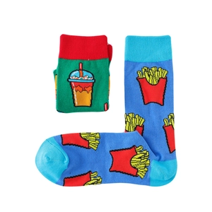 Detailed knit texture of colorful crew socks with fries and cold drink patterns
