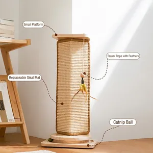 Vertical sisal cat scratching post with feather toy and wooden perch for furniture protection