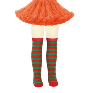Detail of orange tulle tutu skirt and red green striped over-knee socks for kids
